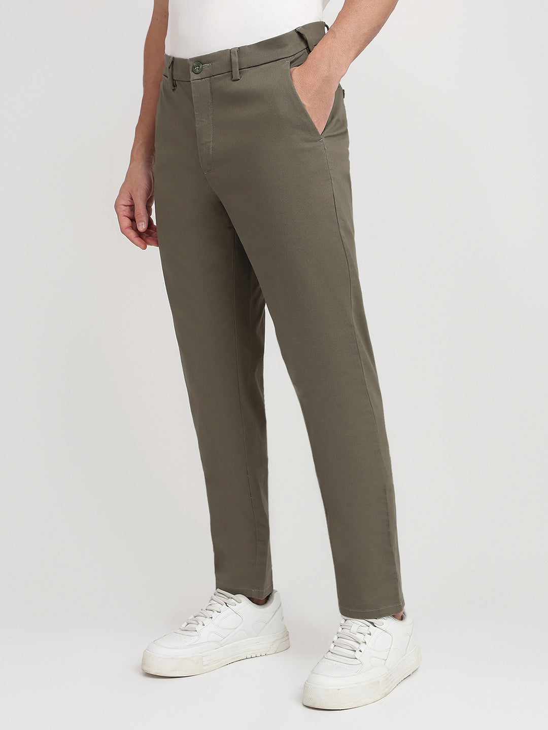 Colorplus Men Green Twill Regular Fit Cotton Blend Trouser