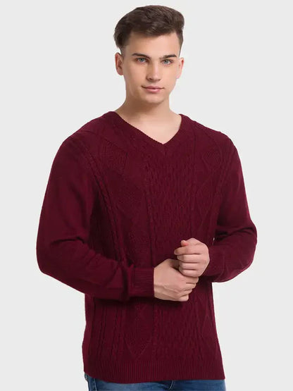 Men Red Tailored Fit Structure Acrylic Merino Blend Full Sleeve V Neck Collar Sweaters