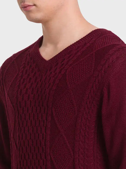 Men Red Tailored Fit Structure Acrylic Merino Blend Full Sleeve V Neck Collar Sweaters