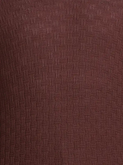 Men Brown Tailored Fit Structure Acrylic Merino Blend Full Sleeve V Neck Collar Sweaters