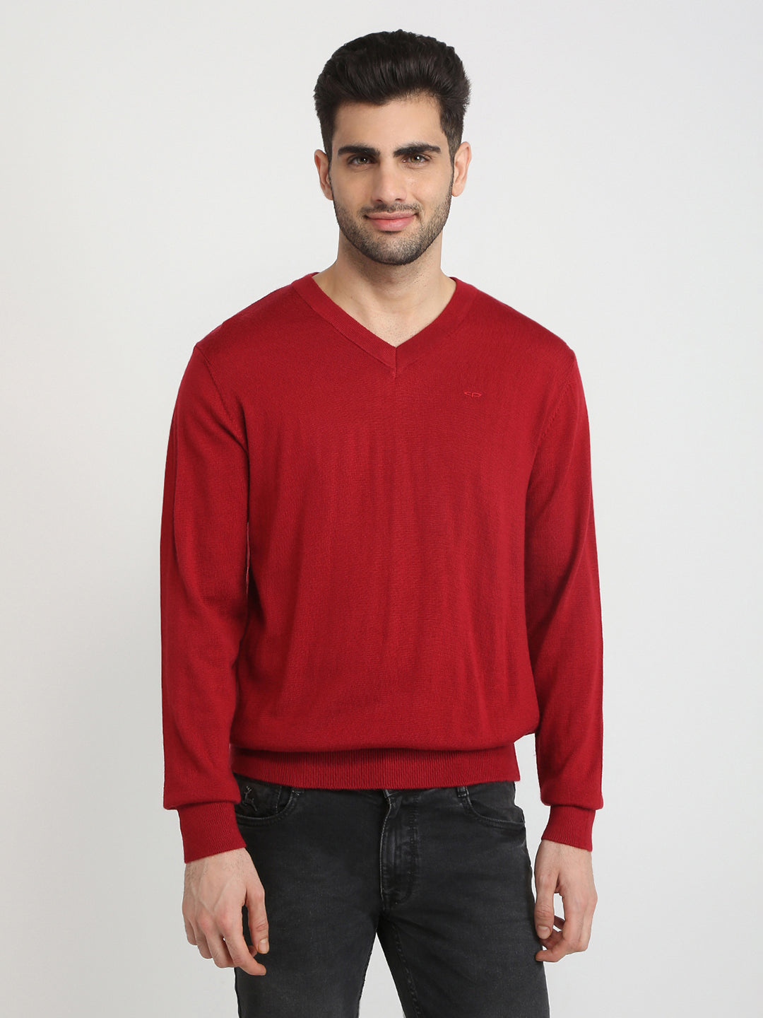 Colorplus Men Red Solid Regular Fit Wool Blend Full Sleeve V Neck Collar Sweater