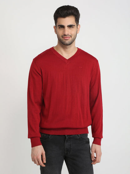 Colorplus Men Red Solid Regular Fit Wool Blend Full Sleeve V Neck Collar Sweater