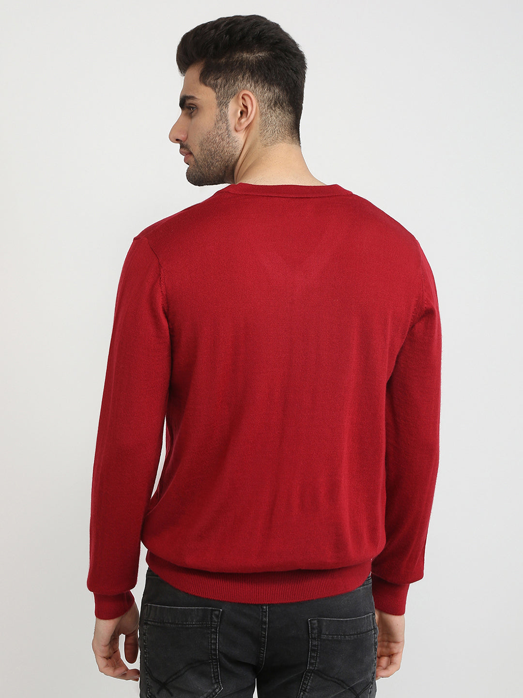 Colorplus Men Red Solid Regular Fit Wool Blend Full Sleeve V Neck Collar Sweater