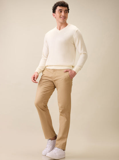 Colorplus Men White Solid Regular Fit Wool Blend Full Sleeve V Neck Collar Sweater