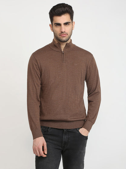 Colorplus Men Brown Solid Regular Fit Wool Blend Full Sleeve V Neck Collar Sweater