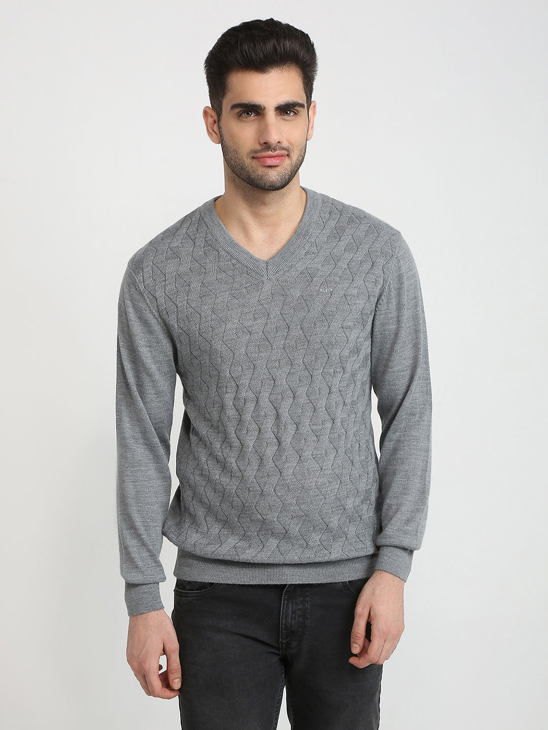 Colorplus Men Grey Solid Regular Fit Wool Blend Full Sleeve V Neck Collar Sweater