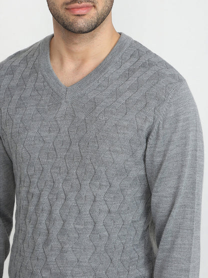 Colorplus Men Grey Solid Regular Fit Wool Blend Full Sleeve V Neck Collar Sweater