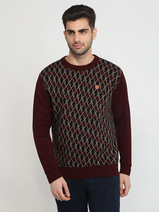 Colorplus Men Maroon Jacquard Regular Fit Acrylic Full Sleeve V Neck Collar Sweater