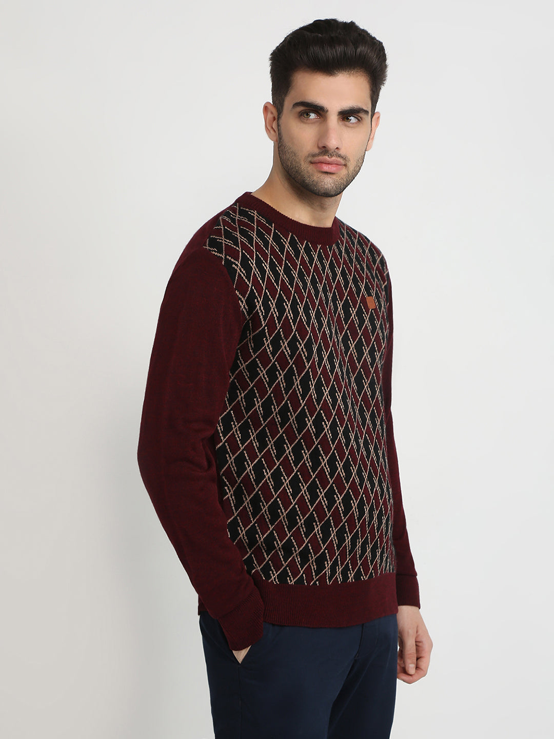 Colorplus Men Maroon Jacquard Regular Fit Acrylic Full Sleeve V Neck Collar Sweater