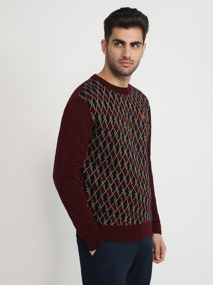 Colorplus Men Maroon Jacquard Regular Fit Acrylic Full Sleeve V Neck Collar Sweater
