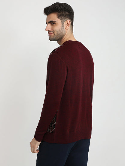 Colorplus Men Maroon Jacquard Regular Fit Acrylic Full Sleeve V Neck Collar Sweater