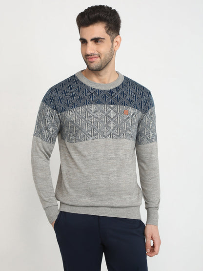 Colorplus Men Grey Jacquard Regular Fit Acrylic Full Sleeve V Neck Collar Sweater