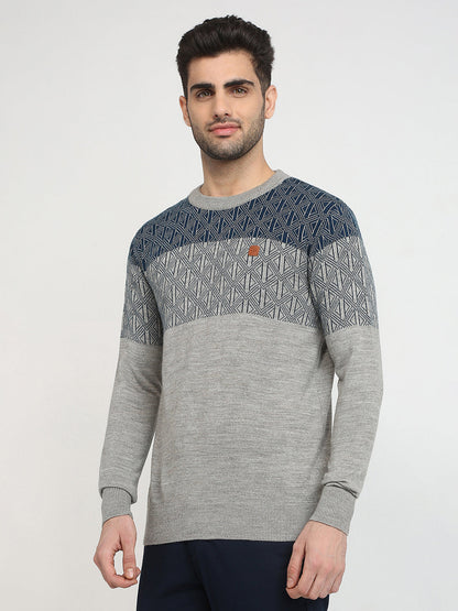 Colorplus Men Grey Jacquard Regular Fit Acrylic Full Sleeve V Neck Collar Sweater