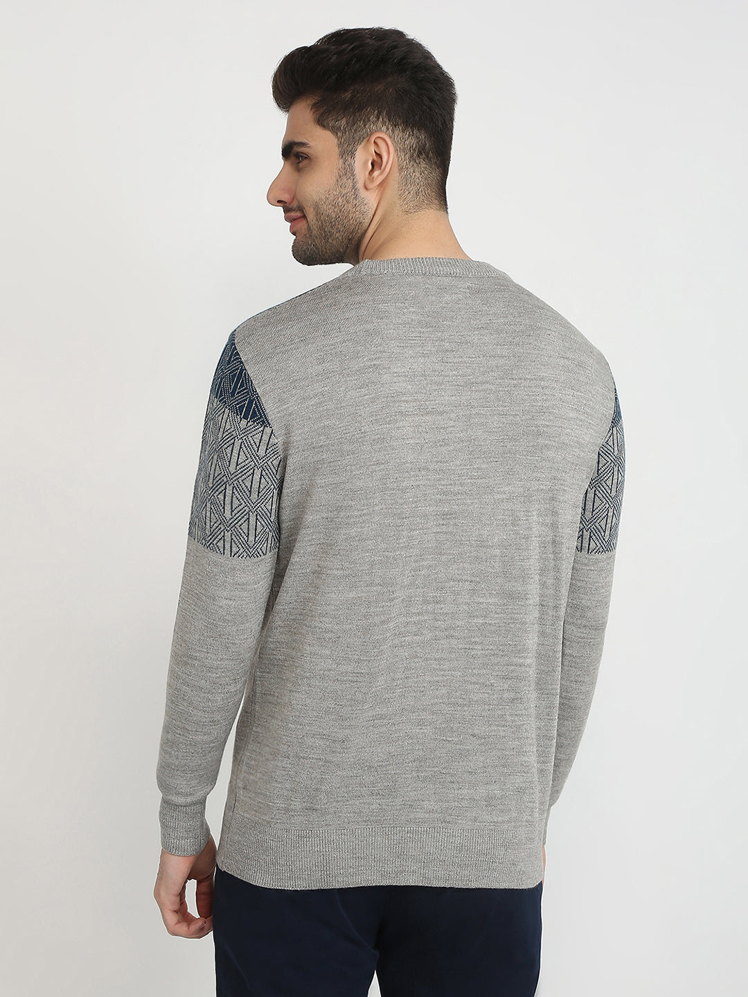 Colorplus Men Grey Jacquard Regular Fit Acrylic Full Sleeve V Neck Collar Sweater