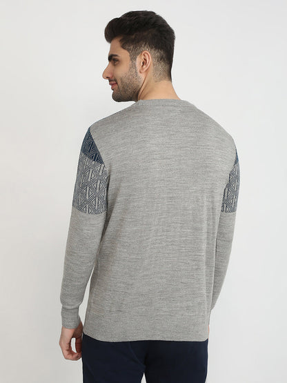 Colorplus Men Grey Jacquard Regular Fit Acrylic Full Sleeve V Neck Collar Sweater