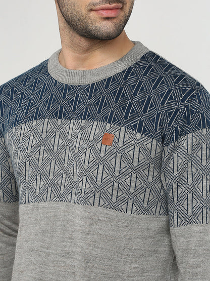 Colorplus Men Grey Jacquard Regular Fit Acrylic Full Sleeve V Neck Collar Sweater
