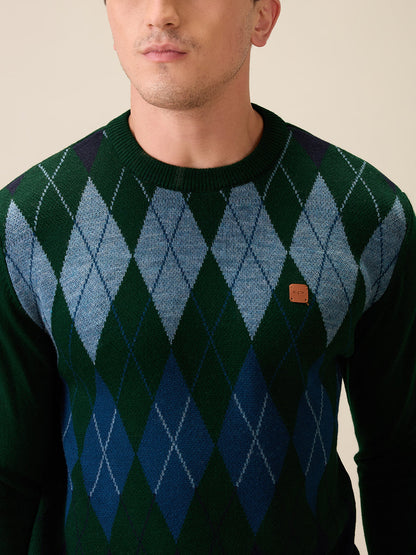 Colorplus Men Green Jacquard Regular Fit Acrylic Full Sleeve V Neck Collar Sweater