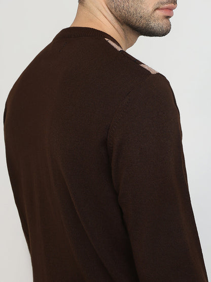 Colorplus Men Brown Jacquard Regular Fit Acrylic Full Sleeve V Neck Collar Sweater