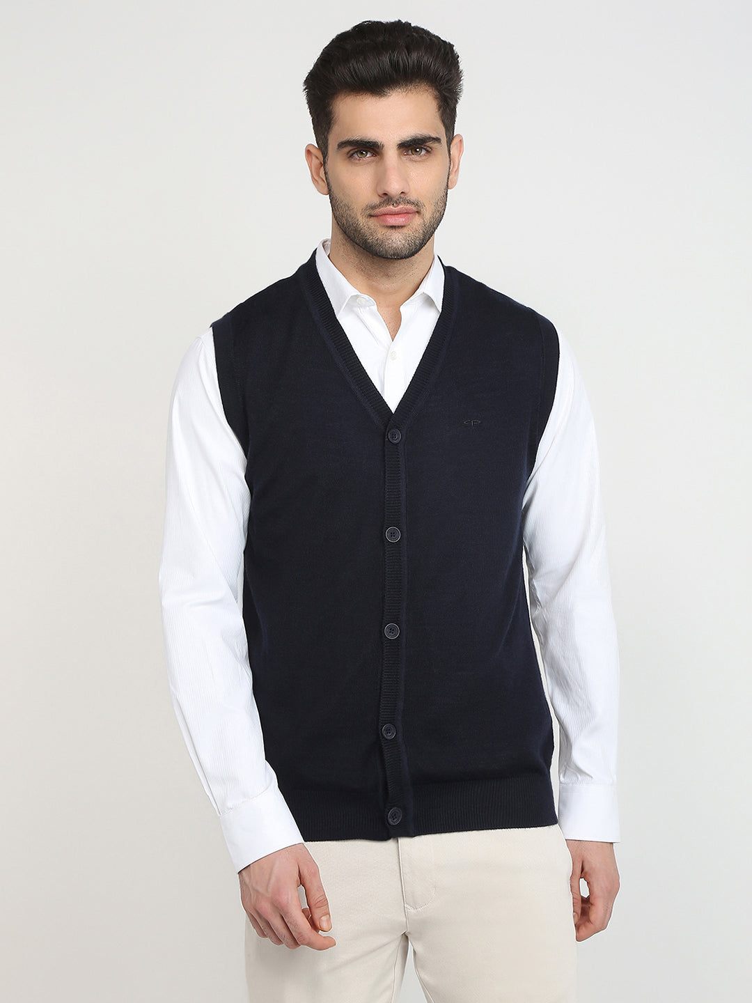 Colorplus Men Blue Solid Regular Fit Wool Blend Sleeveless V Neck Collar Sweater