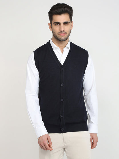 Colorplus Men Blue Solid Regular Fit Wool Blend Sleeveless V Neck Collar Sweater