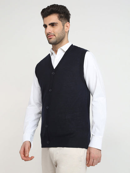 Colorplus Men Blue Solid Regular Fit Wool Blend Sleeveless V Neck Collar Sweater