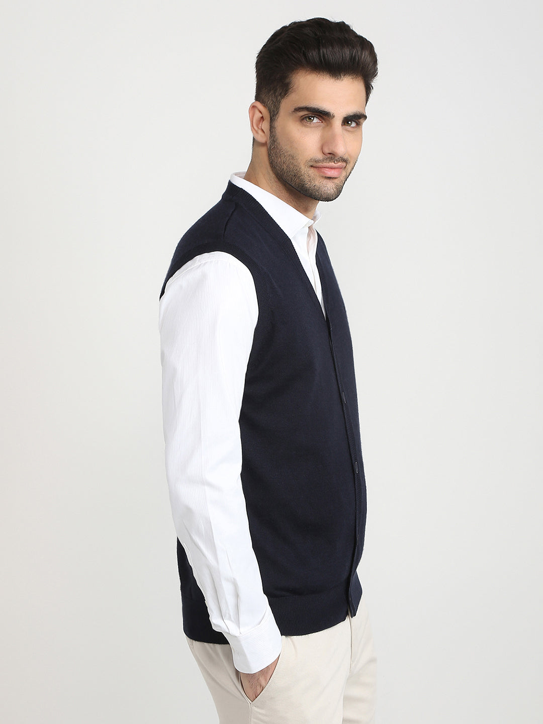 Colorplus Men Blue Solid Regular Fit Wool Blend Sleeveless V Neck Collar Sweater