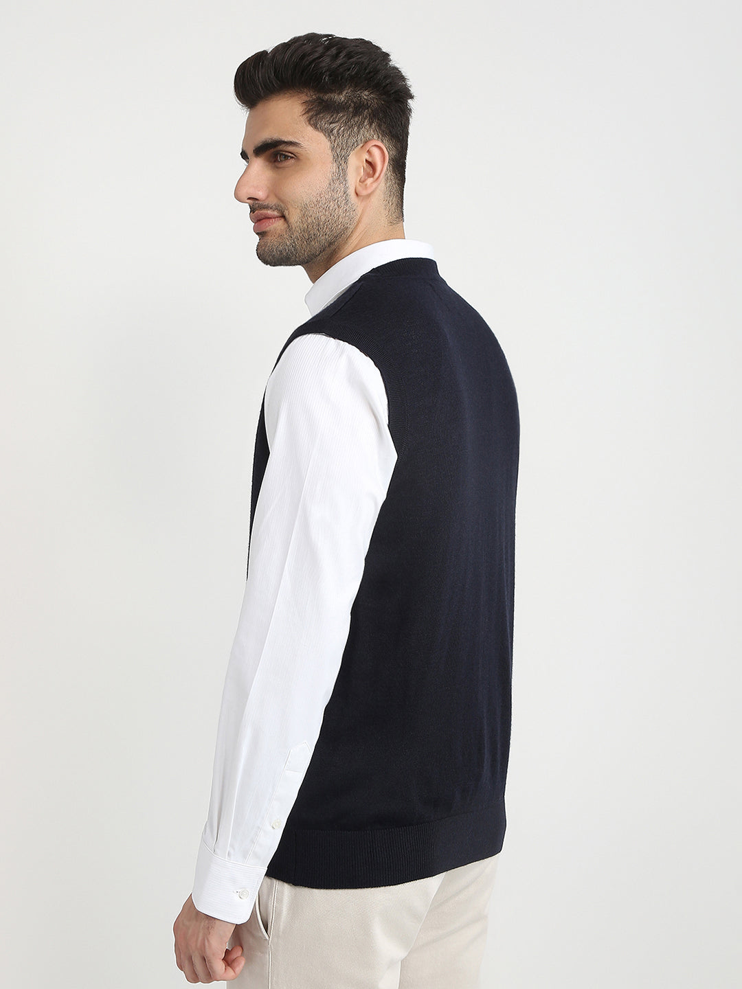 Colorplus Men Blue Solid Regular Fit Wool Blend Sleeveless V Neck Collar Sweater