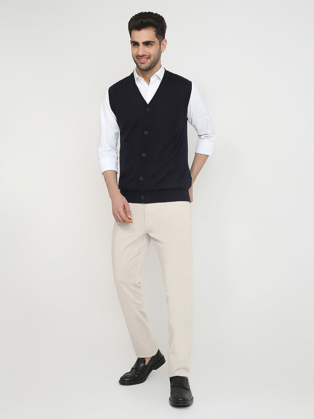 Colorplus Men Blue Solid Regular Fit Wool Blend Sleeveless V Neck Collar Sweater