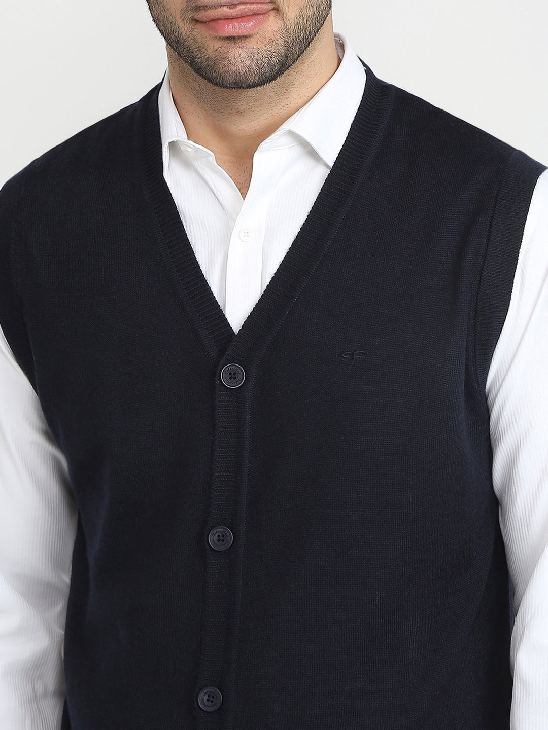 Colorplus Men Blue Solid Regular Fit Wool Blend Sleeveless V Neck Collar Sweater