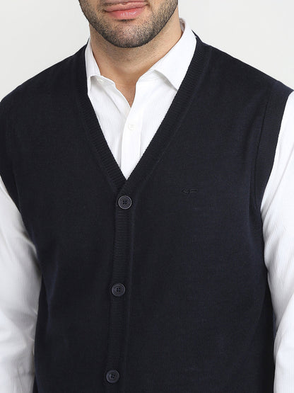 Colorplus Men Blue Solid Regular Fit Wool Blend Sleeveless V Neck Collar Sweater