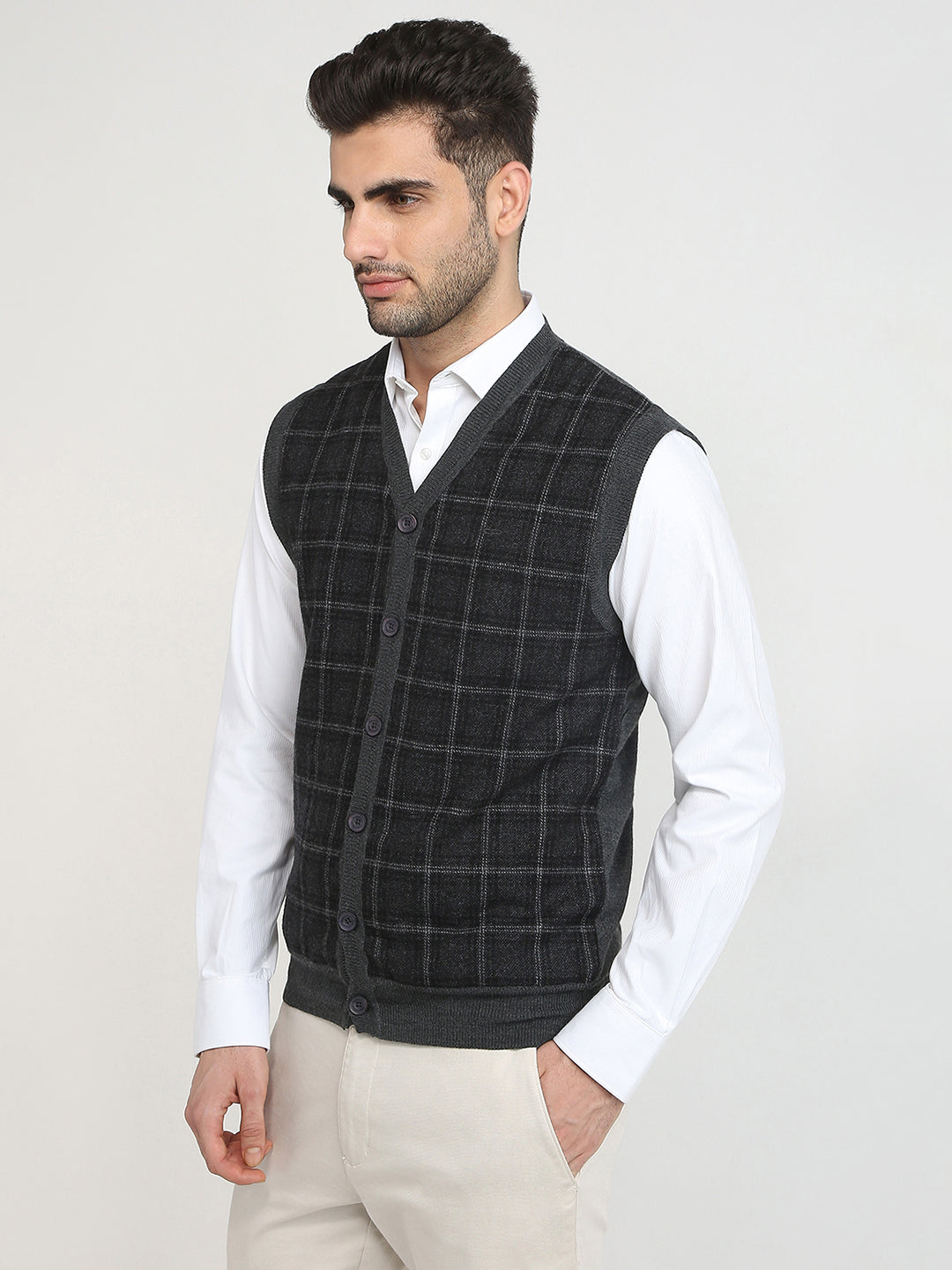 Colorplus Men Grey Tweed Regular Fit Wool Blend Sleeveless V Neck Collar Sweater