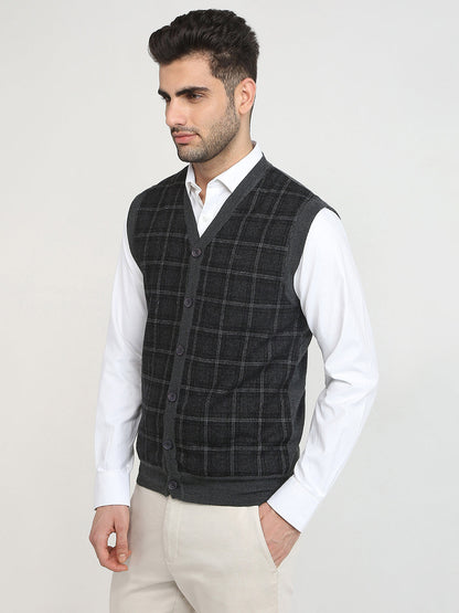 Colorplus Men Grey Tweed Regular Fit Wool Blend Sleeveless V Neck Collar Sweater