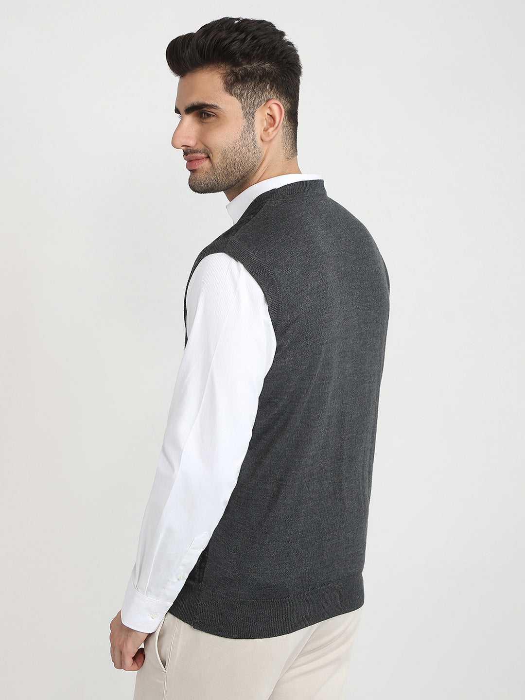 Colorplus Men Grey Tweed Regular Fit Wool Blend Sleeveless V Neck Collar Sweater