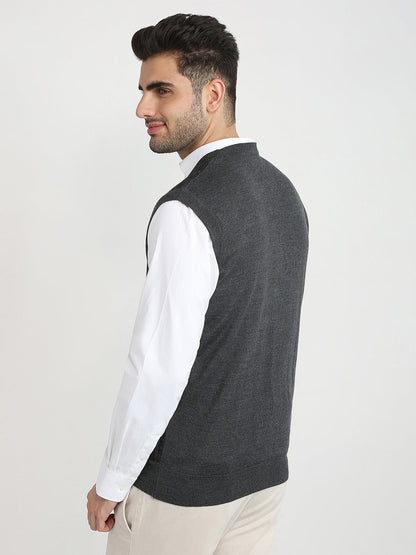 Colorplus Men Grey Tweed Regular Fit Wool Blend Sleeveless V Neck Collar Sweater