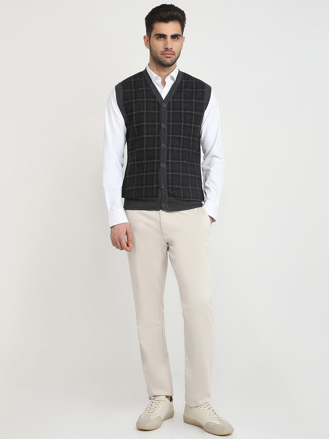 Colorplus Men Grey Tweed Regular Fit Wool Blend Sleeveless V Neck Collar Sweater