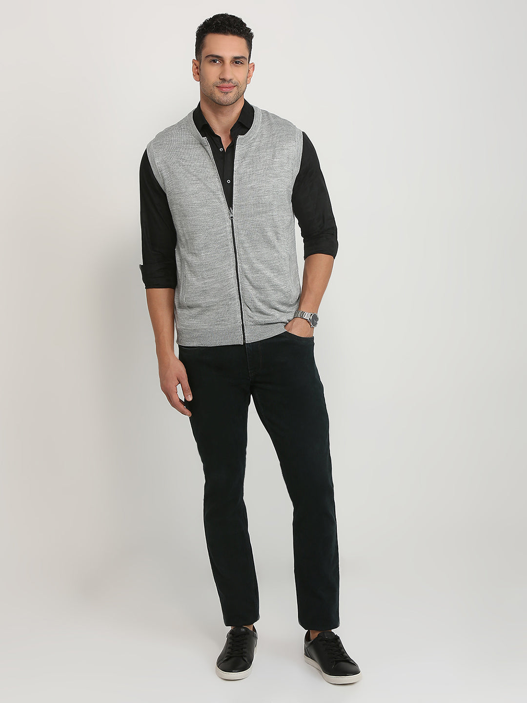 Colorplus Men Grey Solid Regular Fit Acrylic Blend Sweater