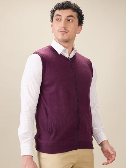 Colorplus Men Maroon Solid Regular Fit Acro Blend Sleeveless V Neck Collar Sweater