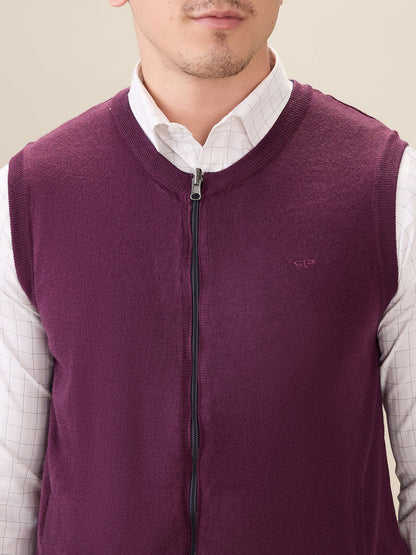 Colorplus Men Maroon Solid Regular Fit Acro Blend Sleeveless V Neck Collar Sweater