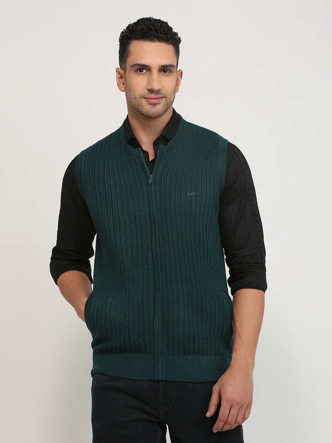 Colorplus Men Green Structure Regular Fit Acrylic Blend Sweater