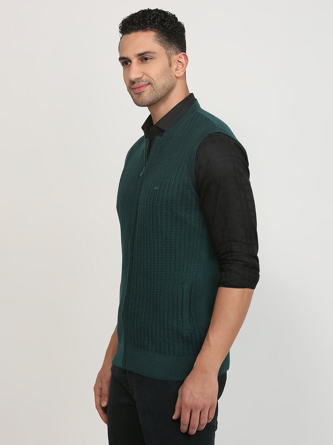 Colorplus Men Green Structure Regular Fit Acrylic Blend Sweater