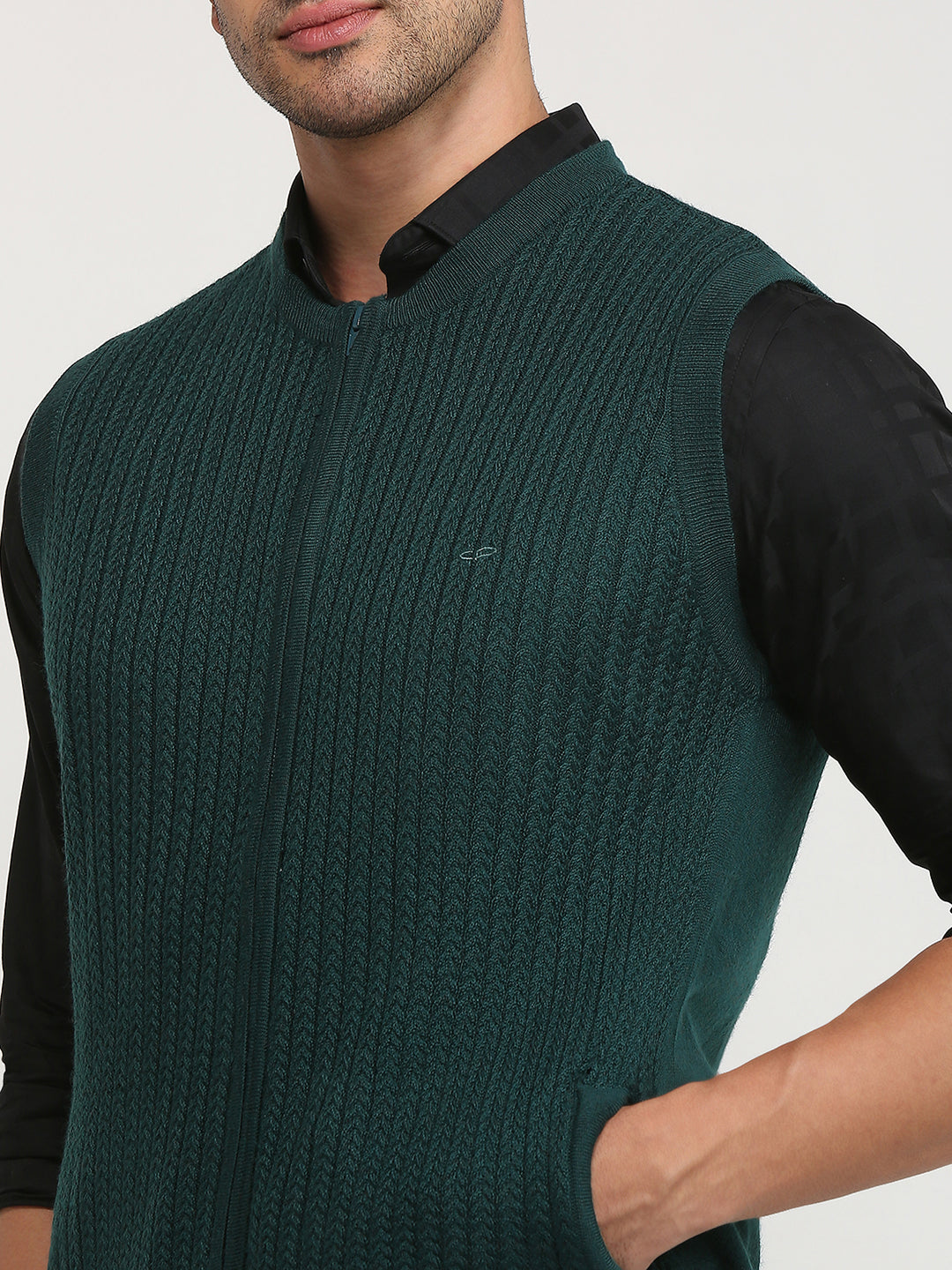 Colorplus Men Green Structure Regular Fit Acrylic Blend Sweater