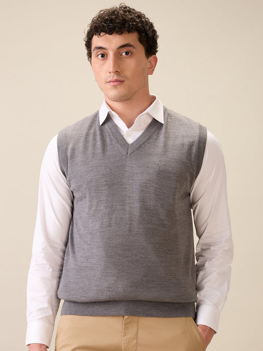 Colorplus Men Grey Plain Regular Fit Wool Blend Sleeveless V Neck Collar Sweater