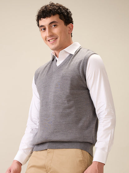 Colorplus Men Grey Plain Regular Fit Wool Blend Sleeveless V Neck Collar Sweater