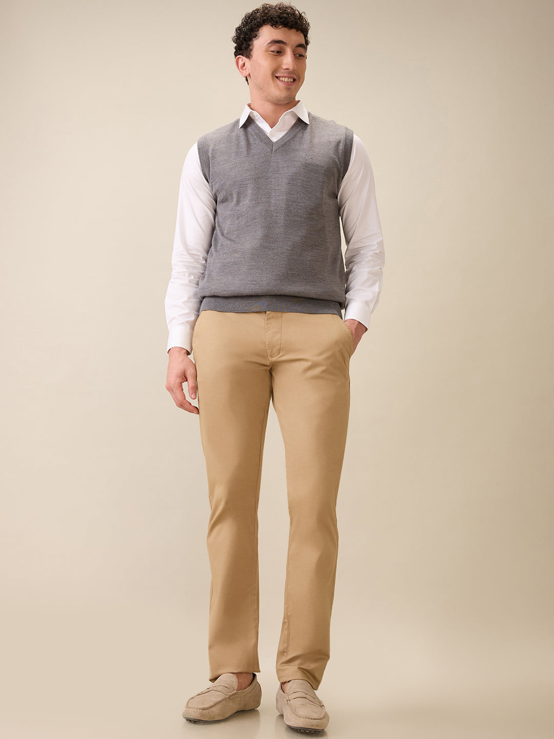 Colorplus Men Grey Plain Regular Fit Wool Blend Sleeveless V Neck Collar Sweater