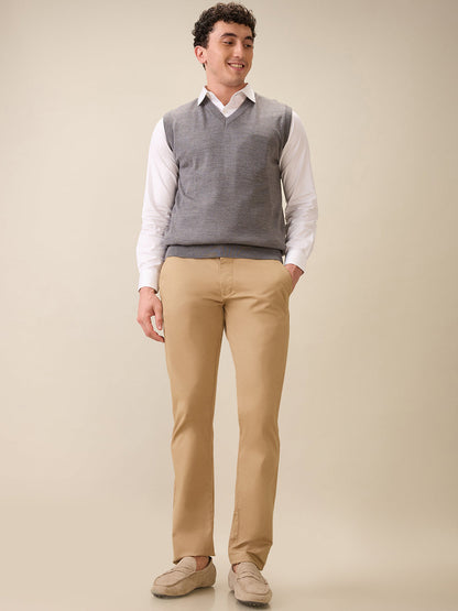 Colorplus Men Grey Plain Regular Fit Wool Blend Sleeveless V Neck Collar Sweater