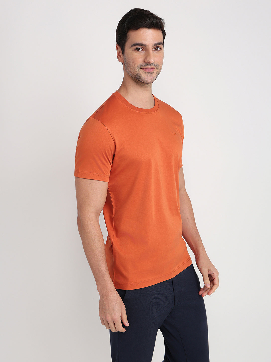 Colorplus Men Orange Solid Regular Fit Cotton Half Sleeve Round Neck Collar T-Shirt