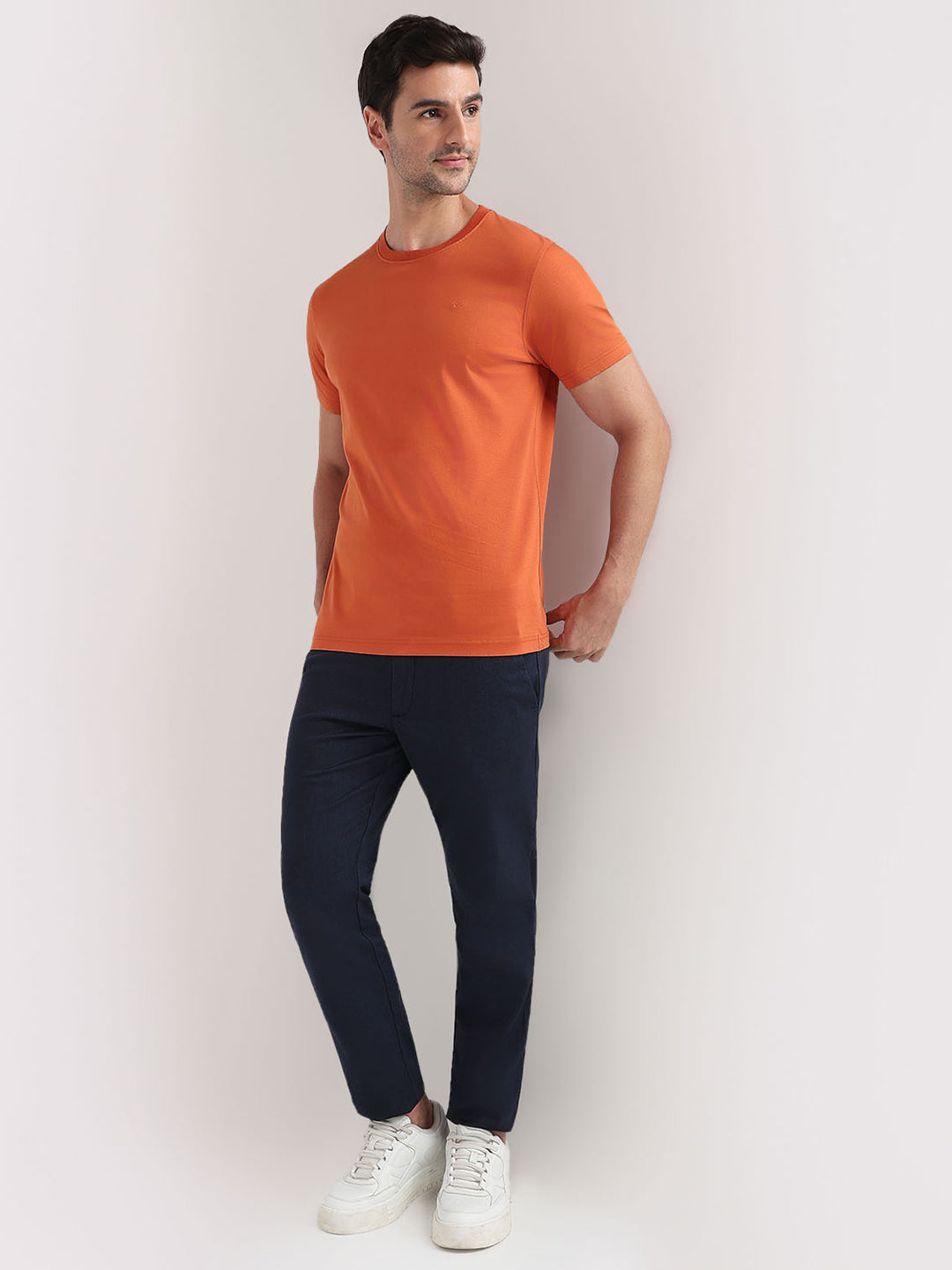 Colorplus Men Orange Solid Regular Fit Cotton Half Sleeve Round Neck Collar T-Shirt
