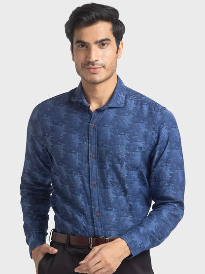 Men Blue Contemporary Fit Jacquard Cotton Full Sleeve Shirts