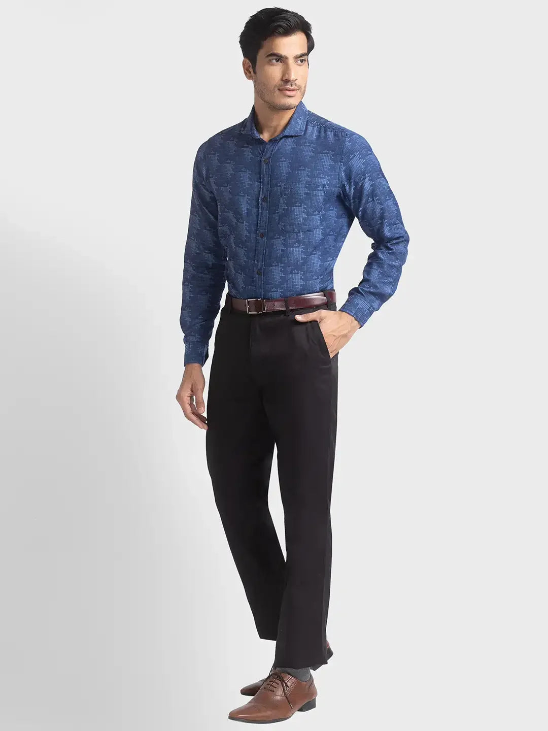 Men Blue Contemporary Fit Jacquard Cotton Full Sleeve Shirts
