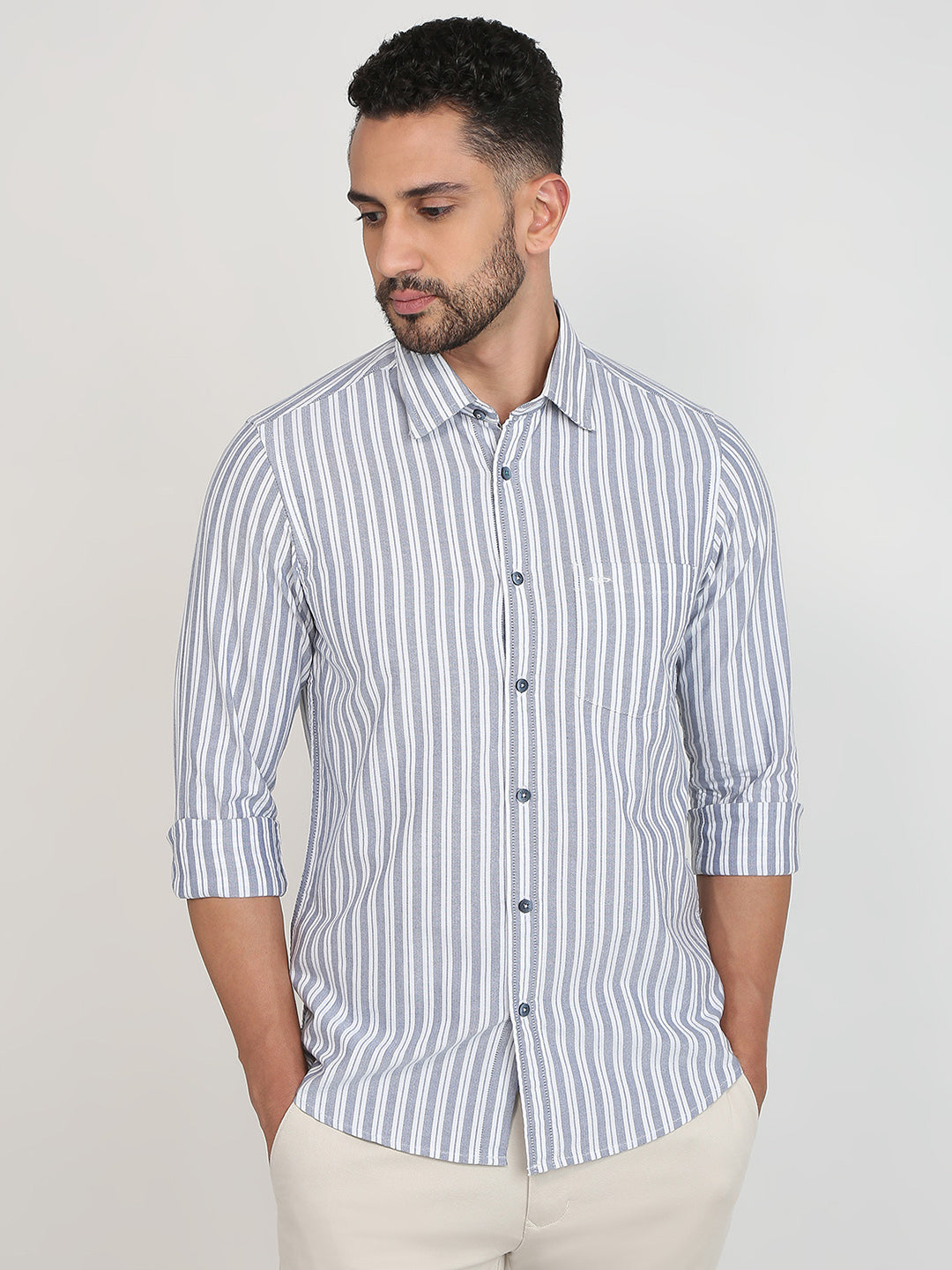 Colorplus Men Blue Stripe Slim Fit Cotton Casual Shirt